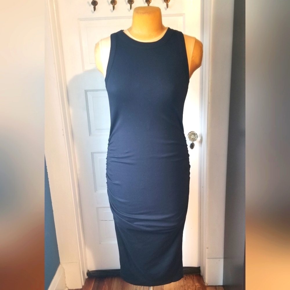 Michael Stars NWT Black Ribbed Midi Sleeveless Dress with Side Ruching Size L